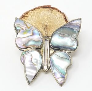Vtg butterfly Abalone brooch Alpaca pin Mexico